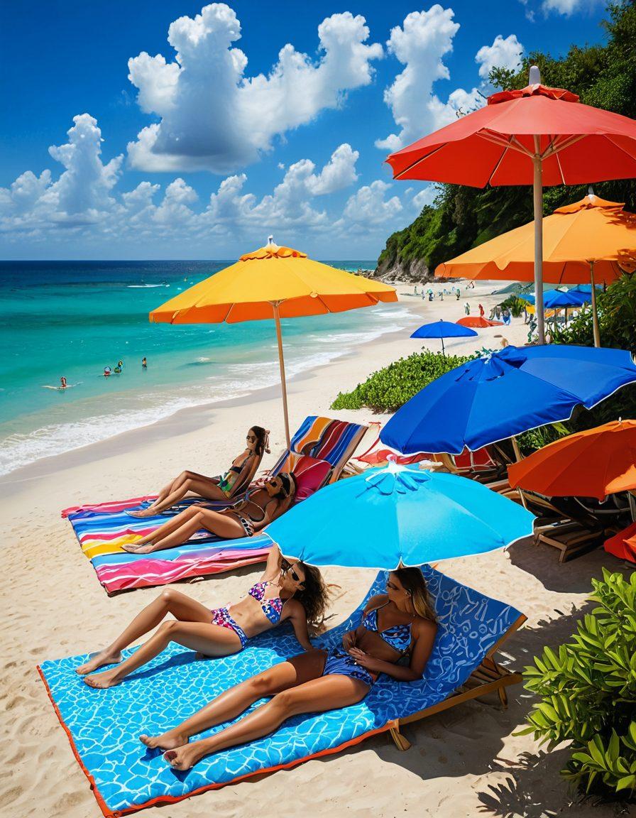 A stylish beach scene showcasing a sunbather lounging on a colorful beach towel, with chic swimwear options displayed around her. Include vibrant umbrellas, surfboards, and people engaging in various water sports like paddleboarding and jet skiing in the background. The setting is lively, with a bright blue sky, sandy beach, and tropical plants in the distance. super-realistic. vibrant colors. beach atmosphere.