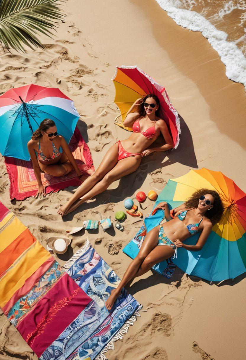 A lively beach scene with a vibrant, sunny atmosphere showcasing diverse women of different ethnicities confidently wearing stylish bikinis. Include colorful beach umbrellas, surfboards, and playful waves in the background. Add elements like beach towels, sunglasses, and tropical drinks to enhance the summer vibe. Absolutely bright colors, with a clear blue sky. super-realistic. vibrant colors.